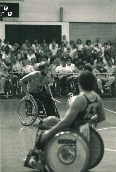 Sir Philip Craven playing wheelchair basketball in 1984