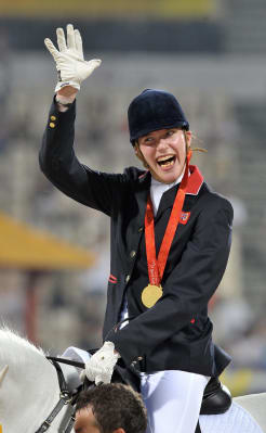 Sophie Christiansen CBE winning Team gold at the Beijing 2008 Paralympics.