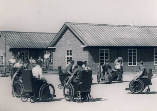 Stoke Mandeville hospital patients playing wheelchair basketball in the 1950s