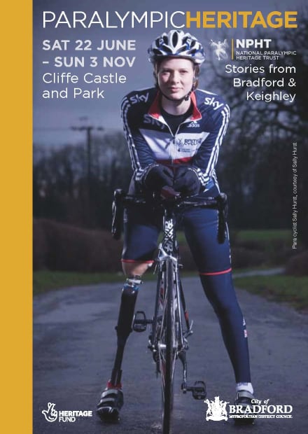Image of Sally Hurst para-cyclist advertising Paralympic Heritage exhibition at Cliffe Castle Museum