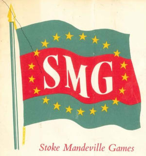Front cover of the programme for the Stoke Mandeville 1956 Games with an illustration of a flag