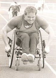 Paul Cartwright in a wheelchair sprint in 1984