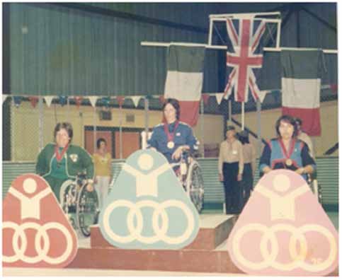 Jane Blackburn receiving the gold medal for table tennis at the Toronto 1976 Paralympic Games