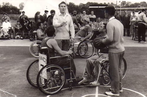 Mick Bans refereeing wheelchair basketball at the Stoke Mandeville Games in the 1950s