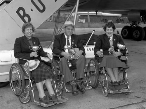 Margaret Maughan, Dick Thompson and Barbara Anderson returning from the Rome 1960 Paralympic Games
