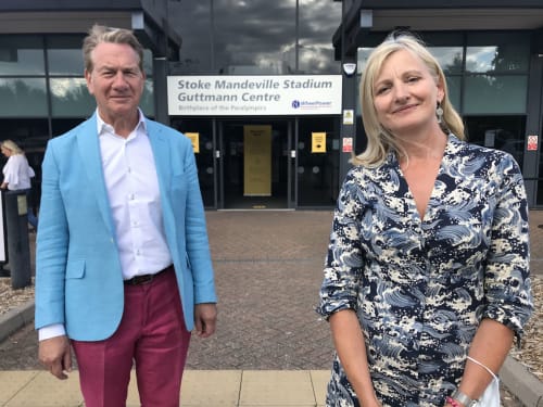Michael Portillo with our CEO, Vicky, filming the BBC2 progamme Great British Railway Journeys at Stoke Mandeville Stadium