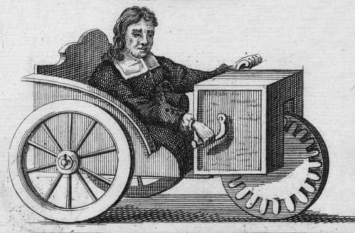 Engraving of Stephan Farffler in his self-propelled wheelchair c1730