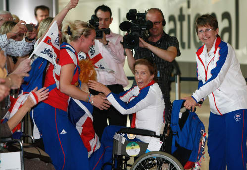 Paralympian equestrian, Anne Dunham and members of the ParalympicsGB team returning home from the Beijing 2008 Games