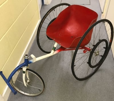 3 wheeler sports wheelchair prototype made for Paul Cartwright in 1986.