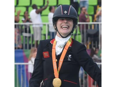 Sophie Christiansen with her medal at the 2016 Paralympics in Rio