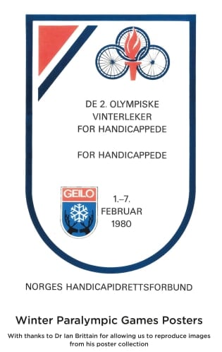 The poster includes the logo which consists of the Geilo city emblem, the antlers of two reindeer facing each other holding a snowflake between them, and the three wheel logo of the International Stoke Mandeville Games Federation (ISMGF) combined with a flaming torch.