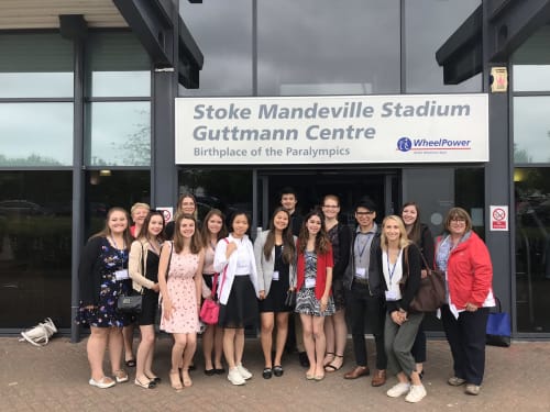 Group photo of the Canadian students visit outside of Stoke Mandeville Stadium