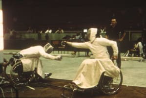 Terry Willett fencing on his way to winning gold at the Toronto 1976 Paralympics