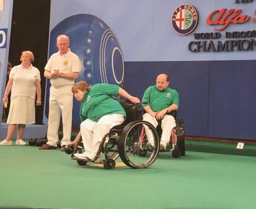 Angela Hendra participating at a Home Counties indoor bowls competition