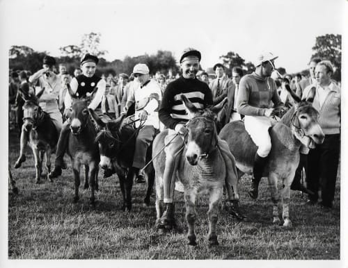 Top jockeys on donkeys at the 1960 Finmere Show Donkey Derby