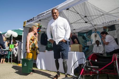 Derek Derenalagi, Paralympian, outside the front of our Pop-up Museum at Aylesbury Waterside Festival